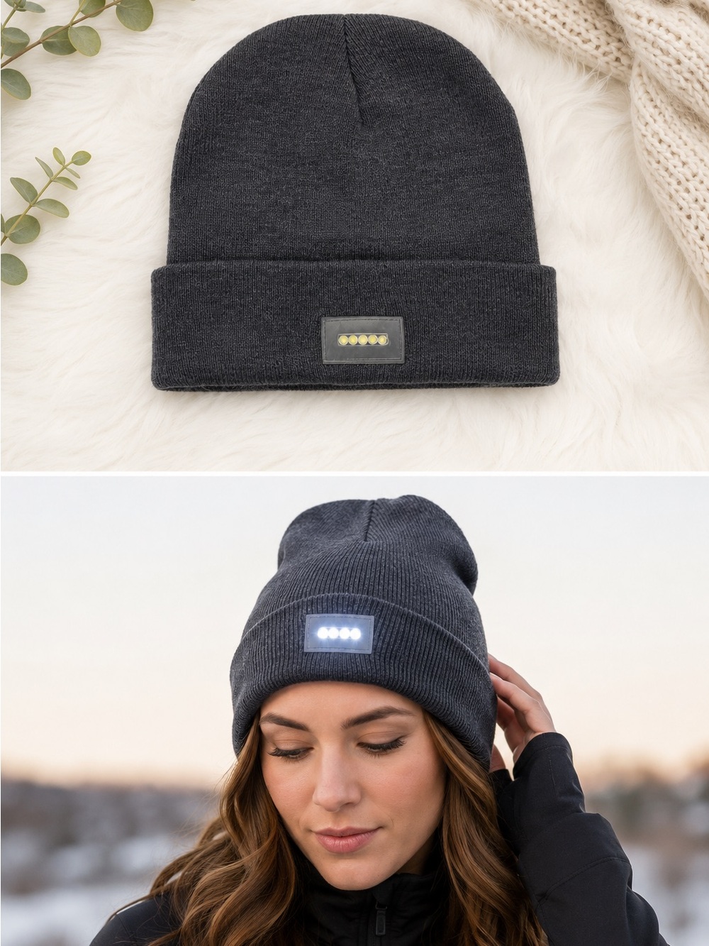 LED Light Up Beanie Hat Gray Knit Flashlight Winter Cap Unisex NWT
